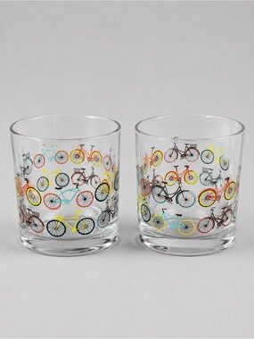 Set of 2 Bicycle Print Rocks Glasses Colorful Bike Lowball Whiskey Tumblers
